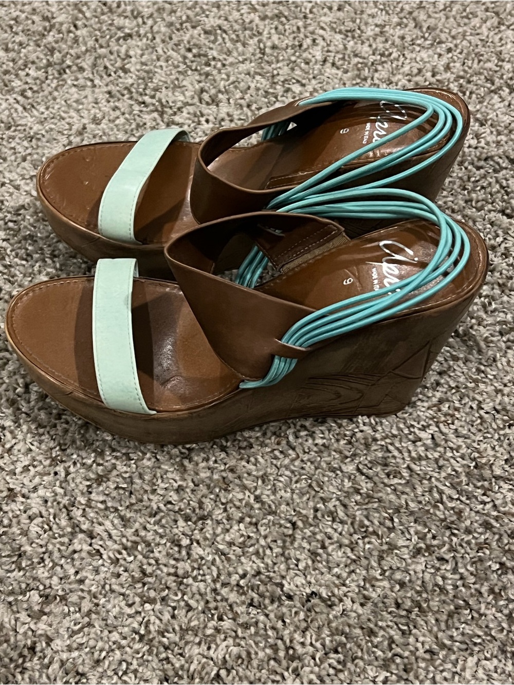 Clarks Brown Wedge Sandals with Mint Straps